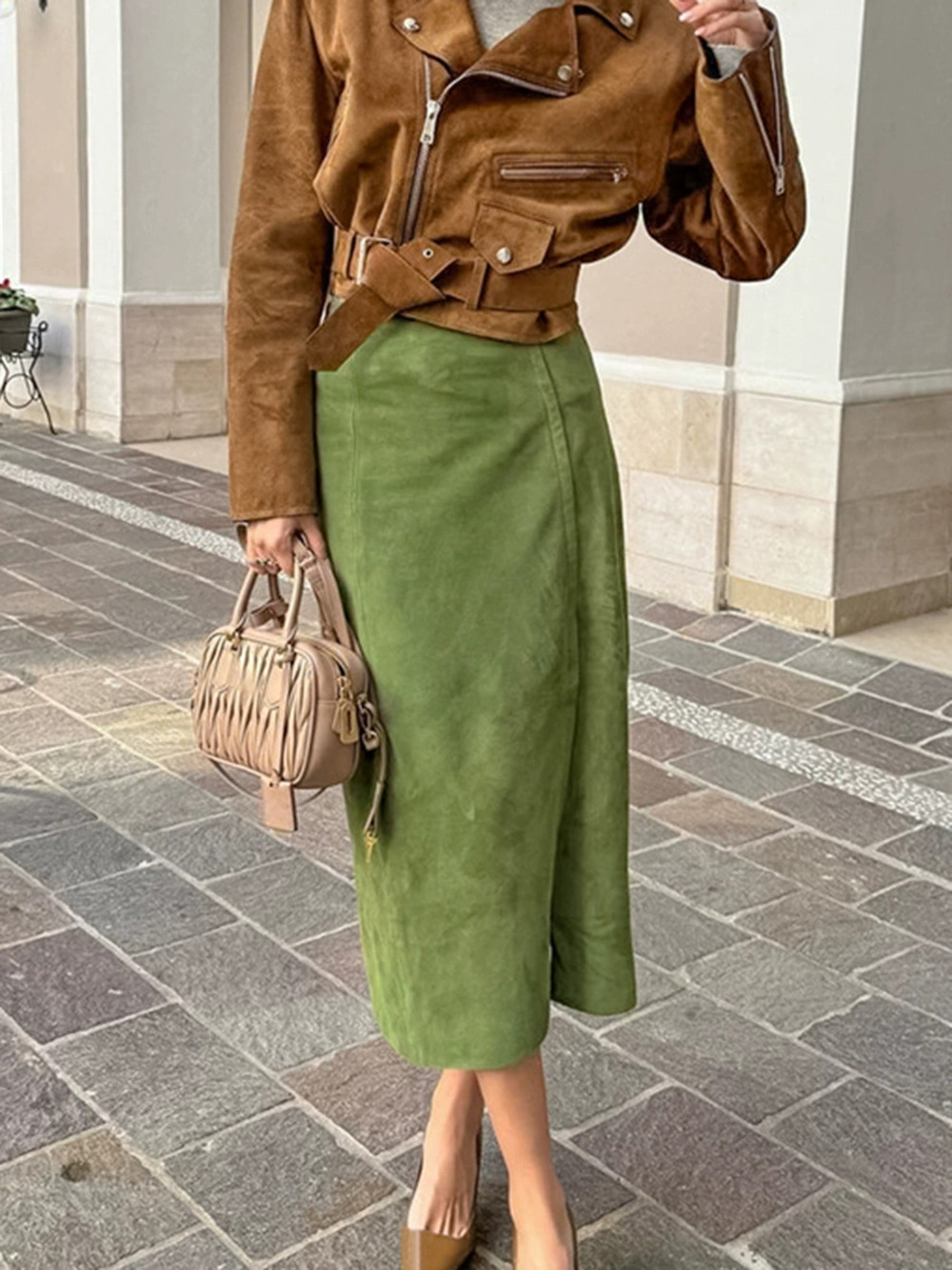Forever 21 Avocado Green Suede Midi Skirt High Waist Straight Fall Winter